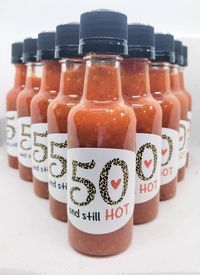 Looking for a different party favour idea? Personalize our Mini Hot Sauces for your Special Occasion! Great for parting gifts. Wedding Favours or Bombonieres, Shower Gifts or just a simple THANK you gift to a friend. Order just 1 or order a few dozens!  Choose one, two or three flavours from our 4 amazing sauces and personalize the bottles for your special event. Each bottle comes with ingredients listed on the back and best before date on the bottom.  Shelf life is 1 year. Proof is included wit