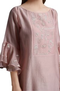 Blush pink chanderi kurta with cotton silk flared pants