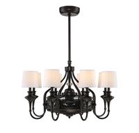 A classic chandelier design meets air circulation functionality in this Brisa fan d'lier. Improve the comfort while you beautify your home, with the elegance of this traditional style fixture. The graceful curved frame, upswept light arms, finial, and detailed candle cups, have a rich, dark English bronze finish. And each light has a tasteful, off-white fabric drum shade. The fan housing has a decorative open grill structure for maximum air flow. Plus, eight 4W LED dimmable bulbs are included, s