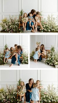 Motherhood portraits, mothers day photos, mommy and me photos, floral install, studio mothers day photos, studio family photos, spring flower install, mothers day flowers