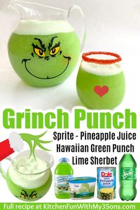 Grinch Punch is a fun family drink to make with the kids at Christmas. All you need is four ingredients and about 2 minutes. #christmas #grinch #thegrinch #drink #punch #recipe