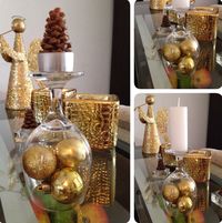 gold christmas ornaments under wine glass