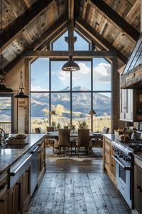 kitchen with a large window in a cabin