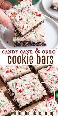 Rich chocolate Candy Cane Oreo Cookie Bars are topped with a white chocolate fudge and crushed peppermints. You can't beat the combo of chewy chocolate cookie bar and cool peppermint at Christmas time!