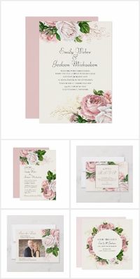 Elegant vintage blush pink and cream watercolor floral wedding collection.  Includes #invitations #receptionmenus #weddingprograms #thankyoucards #enclosurecards #weddingenvelopes