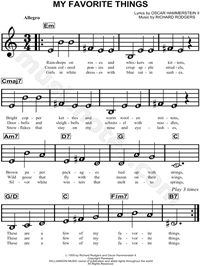 Print and download My Favorite Things sheet music from The Sound of Music. Sheet music arranged for Piano/Vocal/Chords in C Major.