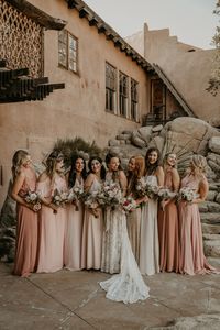 These bridesmaids look extra chic in their pastel pink gowns | Image by Alyssa Marie Evans Photography            #weddingideas #weddingdress #fallwedding #weddingcolors #weddingrings #weddingplanning