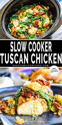 This Crockpot Tuscan Chicken is the absolute best slow cooke recipe for a busy night. This crock pot recipe only has a few ingredients and is packed with flavor! Tender chicken breast, garlic, sun dried tomatoes, and artichokes cook together for the most delicious and healthy crockpot dinner! Serve the slow cooker Tuscan Chicken with pasta, vegetables, or mashed potatoes for a filling and delicious easy weeknight dinner idea!