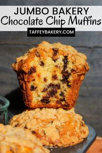 These are fluffy, soft, bakery style chocolate chip muffins. They bake super tall and large in a jumbo muffin tin and taste just like a muffin you would get at a bakery. Before baking, the muffins are sprinkled with a buttery sugar streusel.