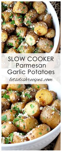 Slow Cooker Garlic Parmesan Potatoes Recipe: Small yellow potatoes are coated in olive oil, butter, garlic and seasonings, then slow cooked until tender and tossed with Parmesan cheese before serving. #potatoes #slowcooker #sidedish #recipes