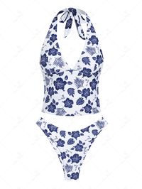 PRODUCT DESCRIPTIONFeatures:Wire Free,Padded (Removable Pads),LinedMaterial:Polyester,SpandexNeckline:HalterPattern Type:Floral,Plant,LeavesSwimwear Category:Tankini SetType:Tank Style SwimwearFabric Stretch:High Stretch