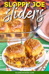 Sloppy Joe Sliders Recipe - an easy way to serve sloppy joes to a crowd! Sloppy joe meat and cheese on Hawaiian rolls and covered in the most delicious sweet and savory glaze. You'll never want to eat sloppy joes any other way! Ground beef, sloppy joe seasoning, tomato sauce, BBQ sauce, Hawaiian rolls, butter, brown sugar, dijon mustard, Worcestershire sauce, and sesame seeds. Great for parties or an easy weeknight dinner. This recipe is always a hit!