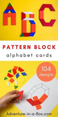 Combine early literacy with STEM and teach the alphabet in a playful hands-on way with these printable pattern block cards! #homeschool #preschool #kindergarten #STEM #kidsactivities #alphabet reading lesson