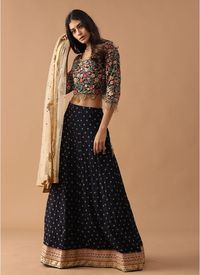 An ideal pick for any festive occasion, this navy dupion crop top with multi color thread embroidery comes with an embroidered silk skirt and a gold dupatta. The crop top has a round neck; three-fourth sleeves and a preety cutdana tassel lace at the hem.