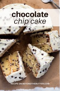 This Chocolate Chip Cake is 2 layers of moist and delicious white cake with mini semi-sweet chocolate chips sprinkled in. You don't even need to use your hand or stand mixer! Definitely a must-make for any small party or gathering! Makes 2, 8 inch layers. Full recipe on BeyondtheButter.com