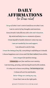 Here are some really good daily affirmations to repeat to yourself for those stressful moments. #dailyaffirmations #positivedailyaffirmations #stressrelief #affirmations #wordsofwisdom #dailyreminders #positiveselftalk