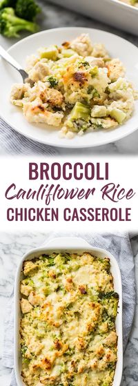 A low carb and cheesy broccoli and cauliflower rice chicken casserole that is perfect for dinner and makes great leftovers. It's also gluten free! #glutenfree #lowcarb #casserole