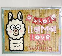 A Teacher and her Cat - Miranda on Instagram: "I ’m so excited to finally have something up on the bulletin board outside the library 😍😍! I still have to add hearts with book titles. I also have this with the script saying “In this class” (and then I’d do student names in the hearts). I love decorating! Do you? •• Adorable llama from the creative Sasha @rainbowsprinklestudio #library #librarybulletinboard #bulletinboard #bulletinboards #valentinesdaybulletinboard #valentinesdaydecor #classroom