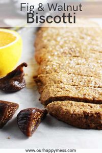 Fig and walnut biscotti featuring warm spices and plump dried figs are a delightfully crunchy cookie, perfect for the holidays, and great for gifting. This easy recipe is healthy and simple to make. #biscotti #cookies