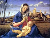 Madonna del prato-Giovanni Bellini est le peintre qui représente le mieux la transition entre la Première Renaissance et la Haute Renaissance italienne. Formé par son père Jocopo, dont la peinture conserve l'empreinte du Gothique, mais dont les dessins cherchent à le dépasser, il subira fortement ensuite l'emprise stylistique d'Andrea Mantegna. Il quittera peu à peu la puissante rudesse de Mantegna, pour une lumière plus rayonnante, des couleurs plus douces, des contours moins appuyés...