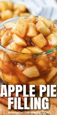 Apple Pie Filling made on the stovetop is the best way to use up all those apples! Simmered with sugar and cinnamon, this quick & easy homemade pie filling is ready in minutes! #spendwithpennies #applepiefilling #stovetopapplepiefilling #recipe #applepie #dessert #quick #easy #stovetop #cinnamon 