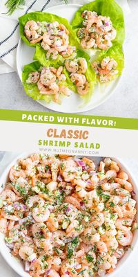 This is the best shrimp salad, and it's made with a creamy, tangy dressing, lots of crunchy vegetables, and a sprinkling of fresh chopped herbs. You'll love this easy and delicious classic recipe!