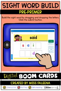 This resource is a digital task card on Boom Learning. It has 1 deck with 38 slides. This resource is perfect for kindergarten and first grade students. Students have to build the sight word by dragging and dropping the letters. This resource will sharpen spelling and reading skills. Pre-K | Kindergarten | First Grade | Reading | Sight Word Build | Back to School | Boom Learning | Boom Cards | Digital Task Cards