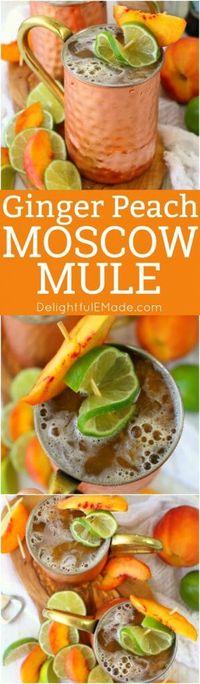 A delicious twist on the classic Moscow Mule recipe! Made with just a few simple ingredients, this Ginger Peach Moscow Mule combines the cold, crisp flavors of ginger beer with fresh peaches. Cheers! #moscowmule #cocktail #drink #gingerbeer #peach #delightfulemade