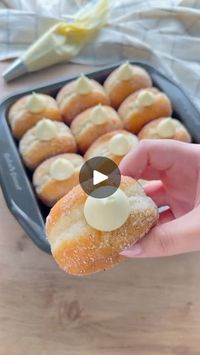 142K views · 12K reactions | First thought when you see this? 🍩Vanilla Cream Filled Donuts 

Recipe by @alqahtaninoof 

Dough (for 15 donuts):

	•	250 g 00 Caputo flour
	•	25 g sugar
	•	3 g salt
	•	5 g instant yeast
	•	5 g vanilla
	•	1 large egg (50 g)
	•	140 g milk
	•	25 g butter

Vanilla Pastry Cream:

	•	250 g milk
	•	110 g heavy cream (35%)
	•	½ vanilla bean
	•	2 egg yolks (40 g)
	•	25 g sugar
	•	25 g cornstarch
	•	60 g white chocolate
	•	25 g butter
	•	5 g gelatin powder (dissolved in 20 g water)

Instructions:

Pastry Cream:
Boil the milk, cream, and vanilla. In a separate bowl, mix egg yolks, sugar, and cornstarch. Slowly add the milk mixture while whisking. Cook for 2 minutes until thick, then mix in white chocolate, butter, and gelatin. Blend until smooth, chill for 4 hours, and 