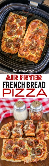 Homemade Air Fryer French Bread Pizza - a million times better than the frozen stuff! Super easy to make and ready to eat in minutes. French bread, pizza sauce, mozzarella cheese, and pizza toppings. Everyone can customize their pizza with their favorite toppings. Such a quick and easy meal! Also great sliced up for parties!! #airfryer #pizza #frenchbread