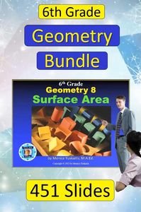 6th Grade Geometry Lessons Powerpoint Bundle has 8 lessons that cover areas of triangles, parallelograms, rhombuses and trapezoids, volume, 3D figures and their nets, polygons in the coordinate plain, and how to use equations to solve area. #6thgradegeometry #areaofparallelogram #areaofrhombus #areaoftrapezoid #polygonsinthecoordinateplane #surfacearea #nets