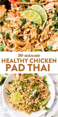 You won't know this healthy, easy recipe for Chicken Pad Thai isn't from your favorite authentic takeout spot! It's full of veggies, flavorful chicken, a creamy peanut sauce and only takes 30 minutes to make! Make it with a wok or a skillet.