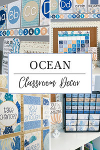 Looking for a Ocean classroom decor theme?This classroom décor bundle will go perfectly in a beach or ocean themed classroom. I think it would also look great with blue or green colored decor! There are a ton of printable and editable decor pieces to help make your classroom more beautiful.  #oceandecor #oceanclassroom #beachdecor #beachclassroom #classdecor #classroomdecor #classroom #teaching #oceanclassdecor