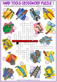 Enjoyable ESL printable crossword puzzle worksheets with pictures for kids to study and practise hand tools, equipment vocabulary. Look at the pictures and the numbers on them and write the words in the crossword puzzle. Teach, learn and review hand tools, equipment vocabulary. (2 sets of crossword puzzle worksheets)