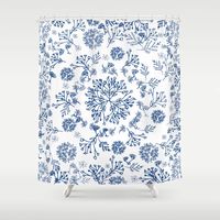 Botanicals in a circles. ferns, garden, leaf, botanic, white, blue, boho, white-blue. Shower Curtain