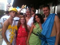 Easy Greek Gods group costumes: Only used cardboard and other household items- less than $20. Zues, Posiedon, Hermes,Aphrodite, Artemis. -Cardboard ($3.00) -Hard Hat ($8.00 for Hermes) -Colored sheets (all $10.00) -Rope belts ($4.00)