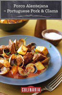 This popular Portuguese dish of pork with clams and fried potatoes, also known as porco alentejana, is rich, flavorful, and oh-so-satisfying. #pork #clams #portuguese