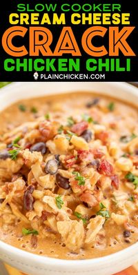 Slow Cooker Cream Cheese Crack Chicken Chili - this stuff is AMAZING! We've made it 3 times this month! We can't get enough of it!!! Chicken, corn, black beans, chicken broth, diced tomatoes and green chiles, cumin, chili powder, onion, ranch seasoning, bacon and cheddar cheese. We served the chili with some cornbread and Fritos. PERFECT! This is already on the menu again this weekend! YUM! #crockpot #slowcooker #chicken #chili