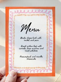 Orange and pink hand drawn menu - squiggle wavy border and hand written style font. Add some whimsical, playful charm to your special day with these instant download menu templates. Also comes with a matching editable name card. Super simple to edit and you can print at home. Check out my Pinterest for more wedding menu cards, menu inspo and wedding stationery.