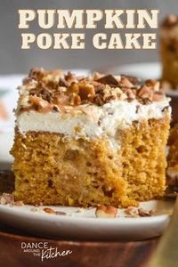 Indulge in the flavors of fall with this heavenly Pumpkin Poke Cake recipe! With moist and tender pumpkin cake, creamy caramel infused filling, and a luscious whipped cream topping, it's the perfect treat for cozy autumn days. Prepare to be transported to pumpkin spice heaven with every bite. Get this yummy pumpkin recipe now! https://dancearoundthekitchen.com/pumpkin-poke-cake/