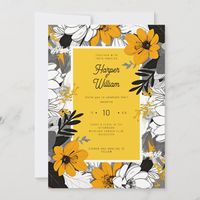 Elevate your wedding day with this modern and elegant wedding invitation, featuring a contemporary monochromatic floral motif. Delicate line-art florals in black, white, and vibrant mustard yellow, setting the tone for a sophisticated wedding celebration.