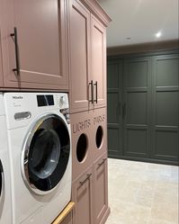 Cabinets - Kitchen Stori Winslow and a lot of bespoke elements by David Timperley Interiors Utility units - Farrow & Ball Sulking Room Pink Boot Room units - The Little Greene Paint Company Pompeian Ash  Floor - Hemsworth Topps Tiles   #pinkutilityroom #sulkingroompink #greenbootroom #pompeianash