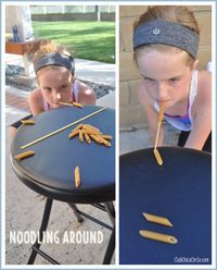 Noodling Around Objective: Using a long piece of spaghetti in your mouth, stack 6 penne pasta in a row in 60 seconds or less.