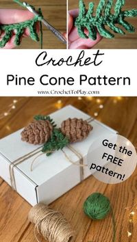 This free crochet pine cone pattern will help you make your own beautiful pine cones. Use them for ornaments, gift toppers, decorations, and more. Complete tutorial with step by step photos.