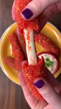 1min · 8 servings     Ingredients  • Hot Cheetos crushed  mozzarella cheese sticks  cornmeal or flour  egg (whisked)  oil for frying