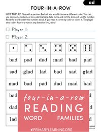 This Four-in-a-Row game is ideal for helping young learners read AD word family words: bad, sad, mad, bad, dad, lad, pad, glad. #kindergarten #preschool #phonics #reading #printablegames https://primarylearning.org/?utm_source=pinterest&utm_medium=social&utm_campaign=phonics&utm_term=wodrd_families&utm_content=printable_games