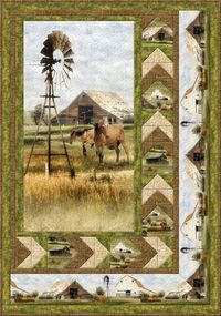 "A small throw quilt project for \"Greener Pastures\" by Wilmington Prints features the panel, the scenic and the barn stripe in a popular offset layout. FABRIC: \"Greener Pastures\" by Jennifer Pugh features her magnificent horses in a classic rugged Americana collection for \"equine lovers\". The kit contains a FREE copy of the Greener Pastures pattern/instructions by Wilmington Prints along with enough fabric to complete the Small Throw or Wall Quilt as shown in Picture 1. This kit contains a