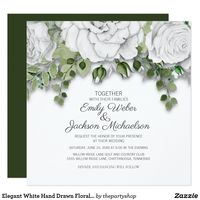 Elegant White Hand Drawn Floral Green Wedding Invitation #whitefloral #wedding #botanical #weddinginvitation #elegant #zazzlemade