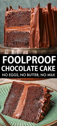 The BEST Easy chocolate cake recipe made with no eggs, no milk and no butter! Super moist, this vegan chocolate cake recipe is foolproof! One bowl, 25 minutes and using affordable ingredients!