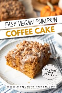 Vegan Pumpkin Coffee Cake is the perfect fall treat! It's soft, moist, and loaded with spiced pumpkin goodness. The unique, almond flour streusel topping and drizzle of sweet glaze really make it irresistible! Enjoy a slice with a cup of coffee for breakfast, brunch, snacks, and dessert! Make it gluten-free or oil-free with one swap.